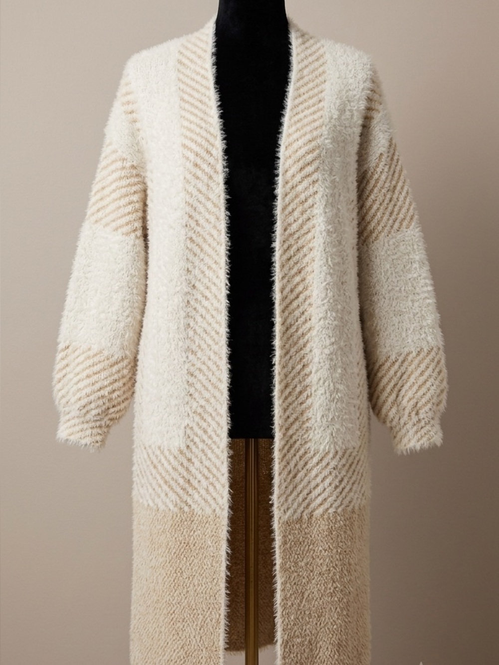SHEIN Cream & Beige Open-Front Long Knit Cardigan